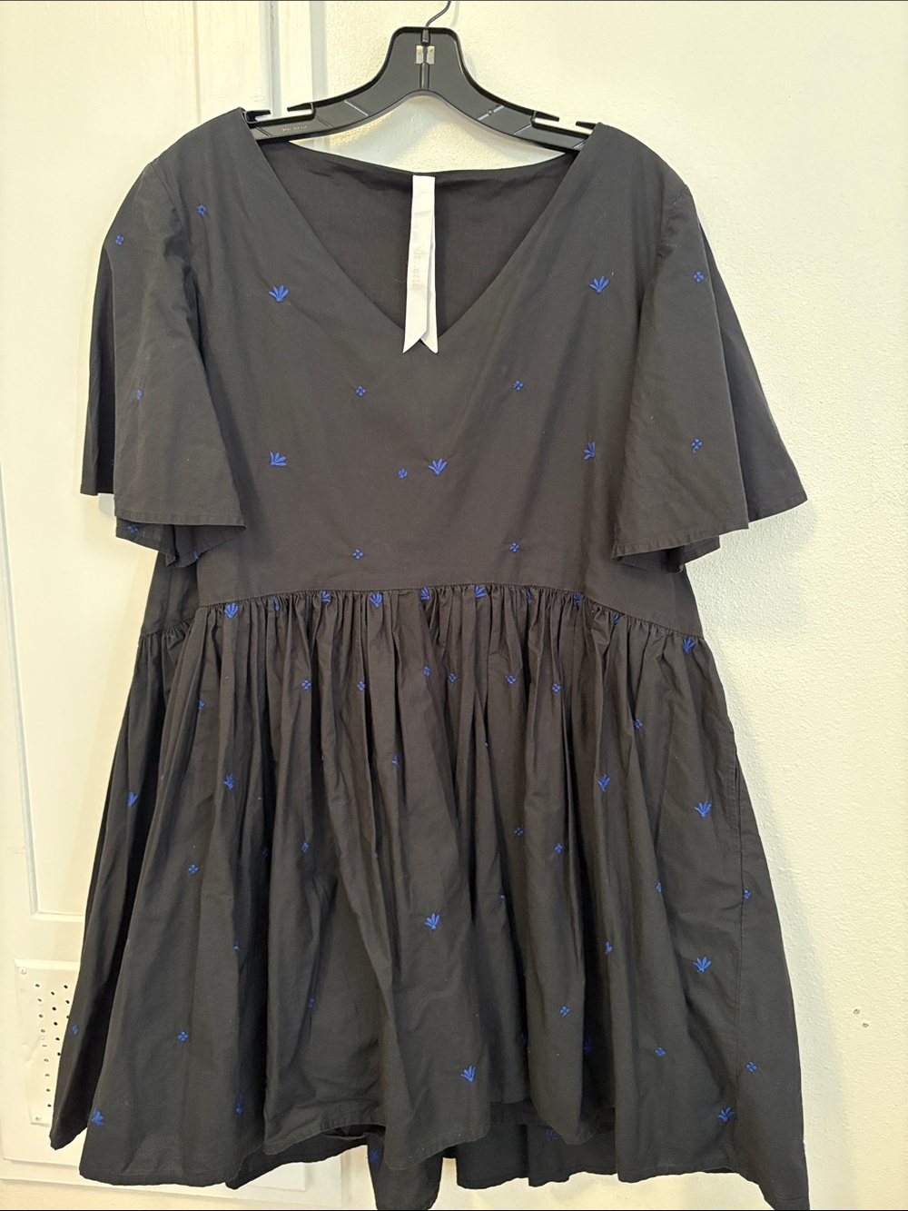 Black Dress with Blue Embroidery - Flowy V-Neck Dress